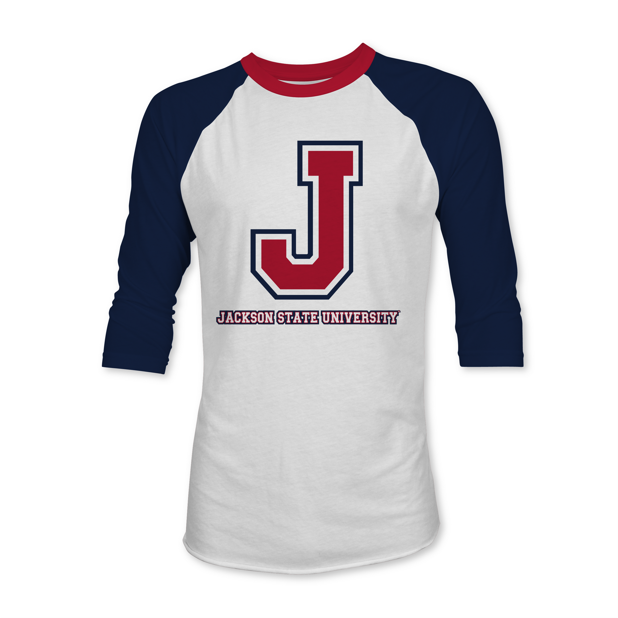 Tri-color raglan T-shirt with navy sleeves, red collar, and J logo front