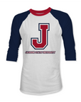 Kids baseball raglan T-shirt, white body, navy sleeves, red collar, J logo front