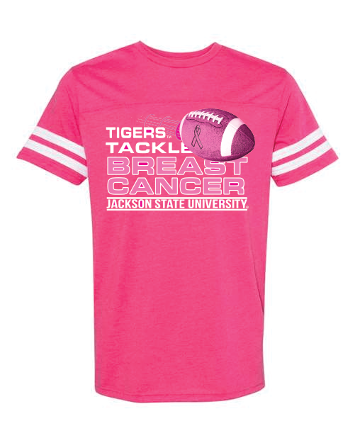 Hot pink unisex tee with 'Tigers Tackle Breast Cancer' football graphic and striped sleeves