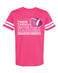 Hot pink unisex tee with 'Tigers Tackle Breast Cancer' football graphic and striped sleeves