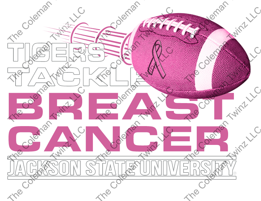 Pink unisex crew-neck T-shirt with Tigers Tackle Breast Cancer logo and Jackson State University