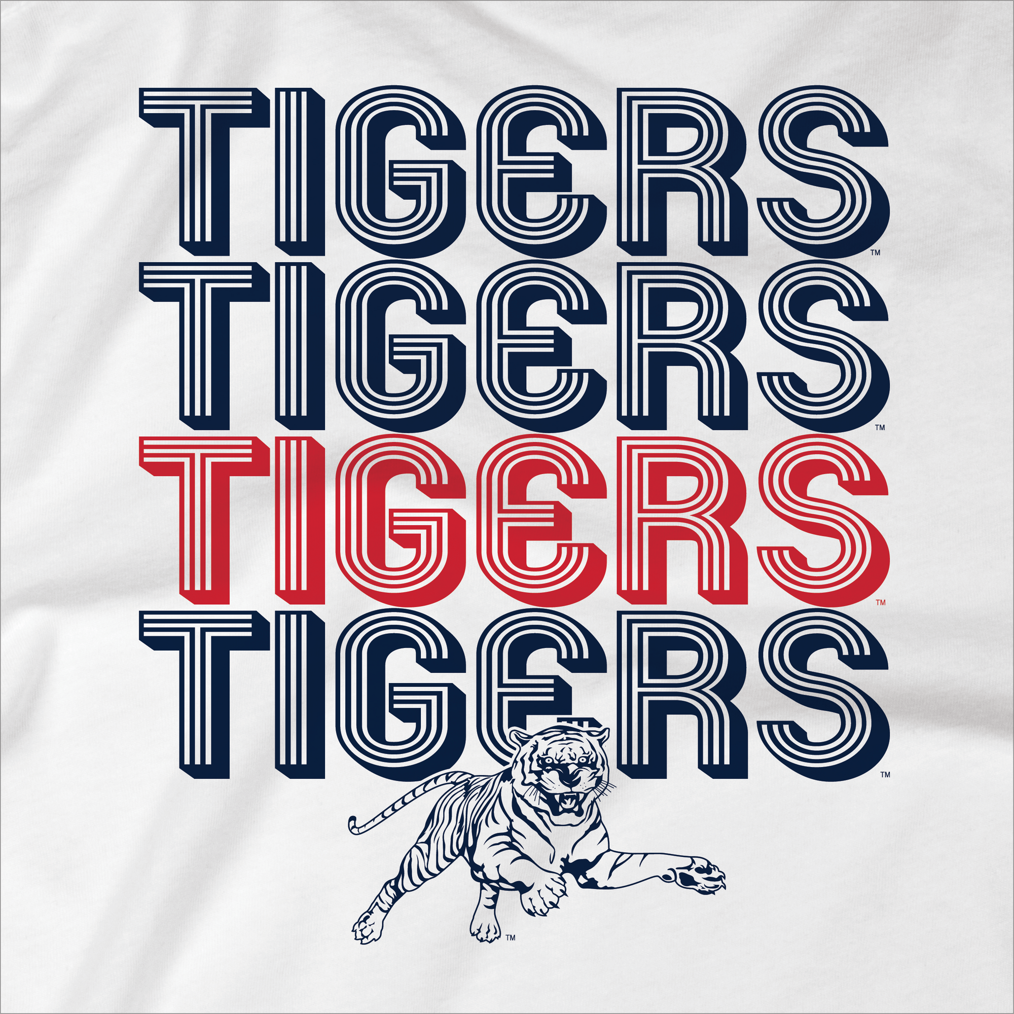 Light crewneck sweatshirt close-up with multicolor Tigers retro striped graphic and tiger mascot