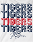 Light crewneck sweatshirt close-up with multicolor Tigers retro striped graphic and tiger mascot