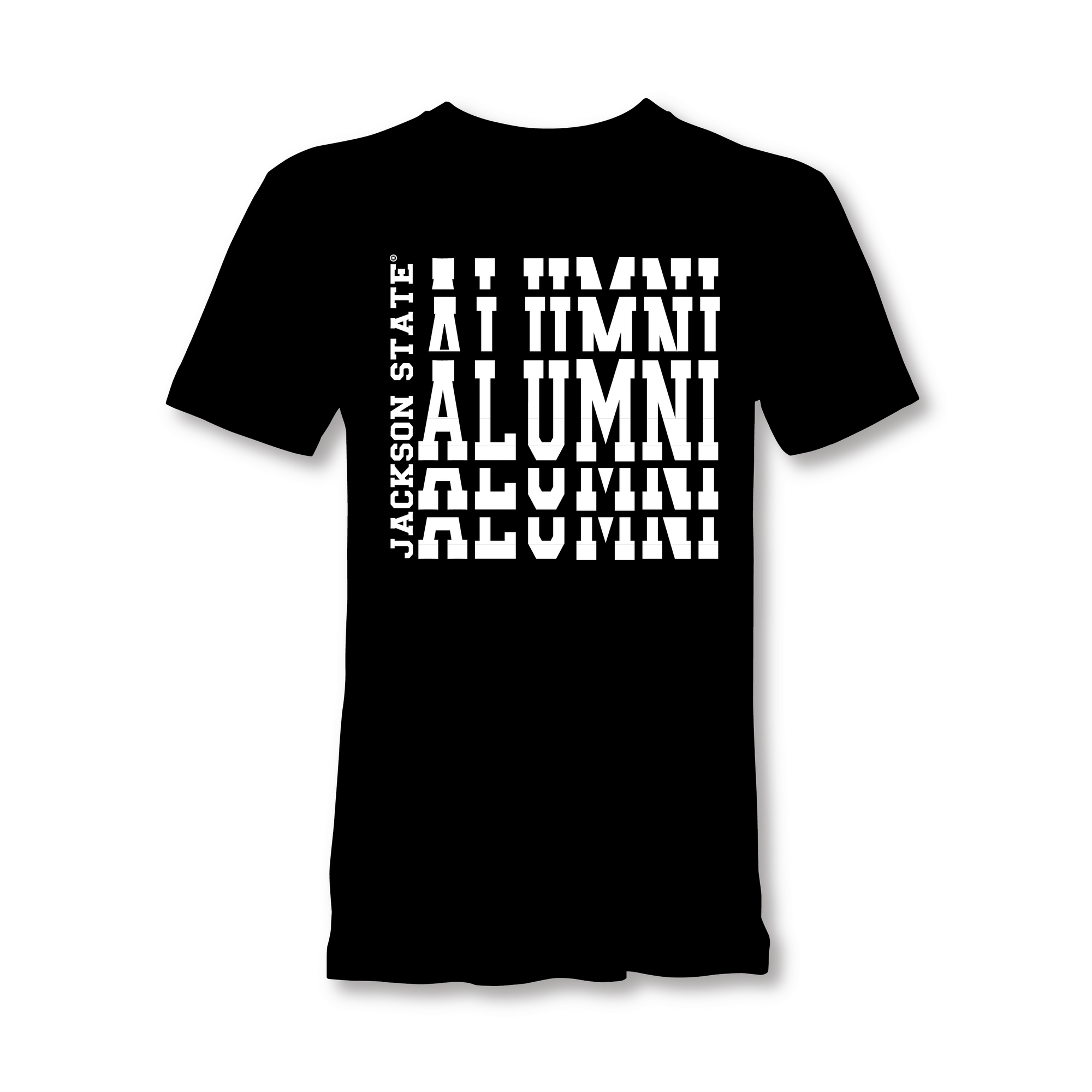 Black crew-neck short sleeve T-shirt with white stacked “Alumni” graphic