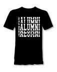 Black crew-neck short sleeve T-shirt with white stacked “Alumni” graphic