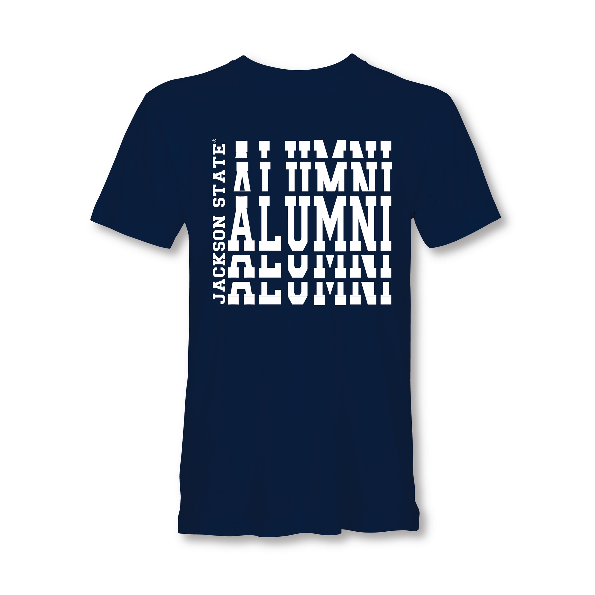 Navy crew-neck short sleeve T-shirt with white stacked “Alumni” graphic