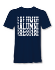 Navy crew-neck short sleeve T-shirt with white stacked “Alumni” graphic
