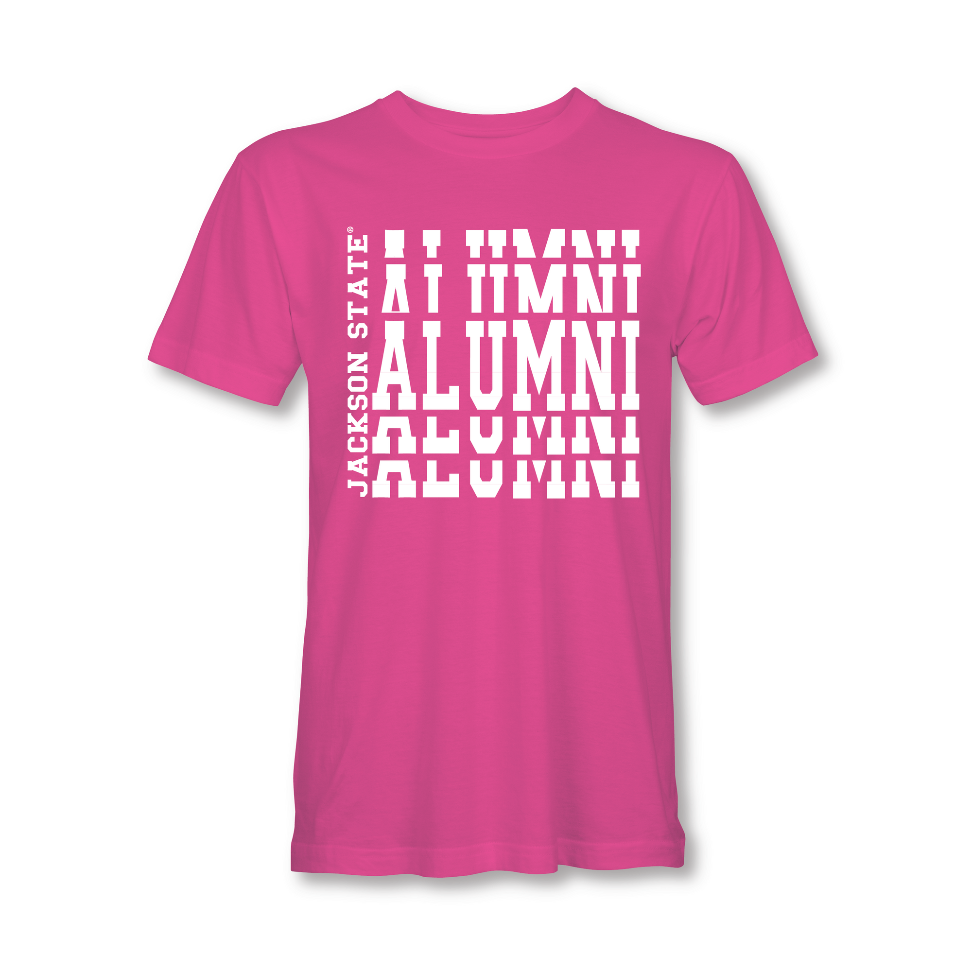 Pink crew-neck short sleeve T-shirt with white stacked “Alumni” graphic