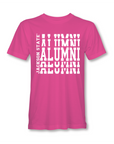 Pink crew-neck short sleeve T-shirt with white stacked “Alumni” graphic