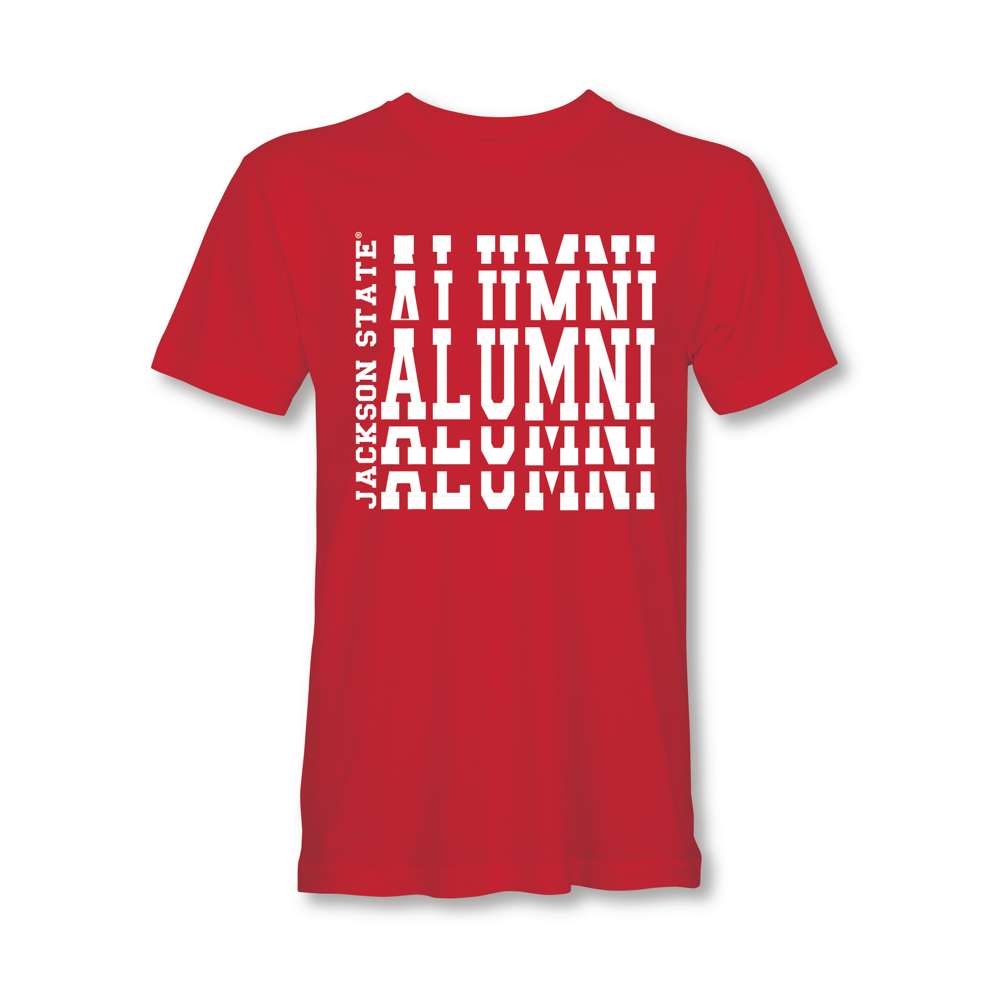 Red crew-neck short sleeve T-shirt with white stacked “Alumni” graphic