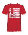 Red crew-neck short sleeve T-shirt with white stacked “Alumni” graphic
