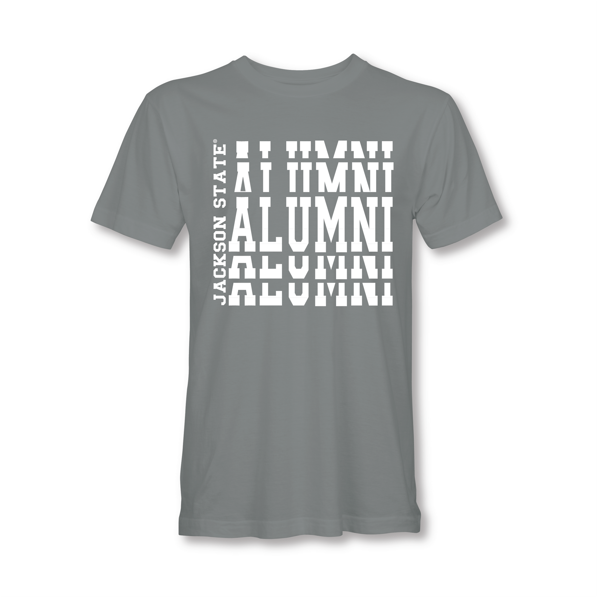 Gray crew-neck short sleeve T-shirt with white stacked “Alumni” graphic