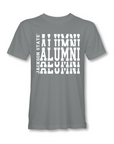 Gray crew-neck short sleeve T-shirt with white stacked “Alumni” graphic