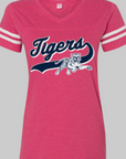 Vintage hot pink V-neck football jersey tee for women, leaping tiger logo, striped sleeves