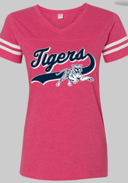 Jackson State University Leaping Tiger CURVY Women's Football V-Neck Fine Jersey Tee