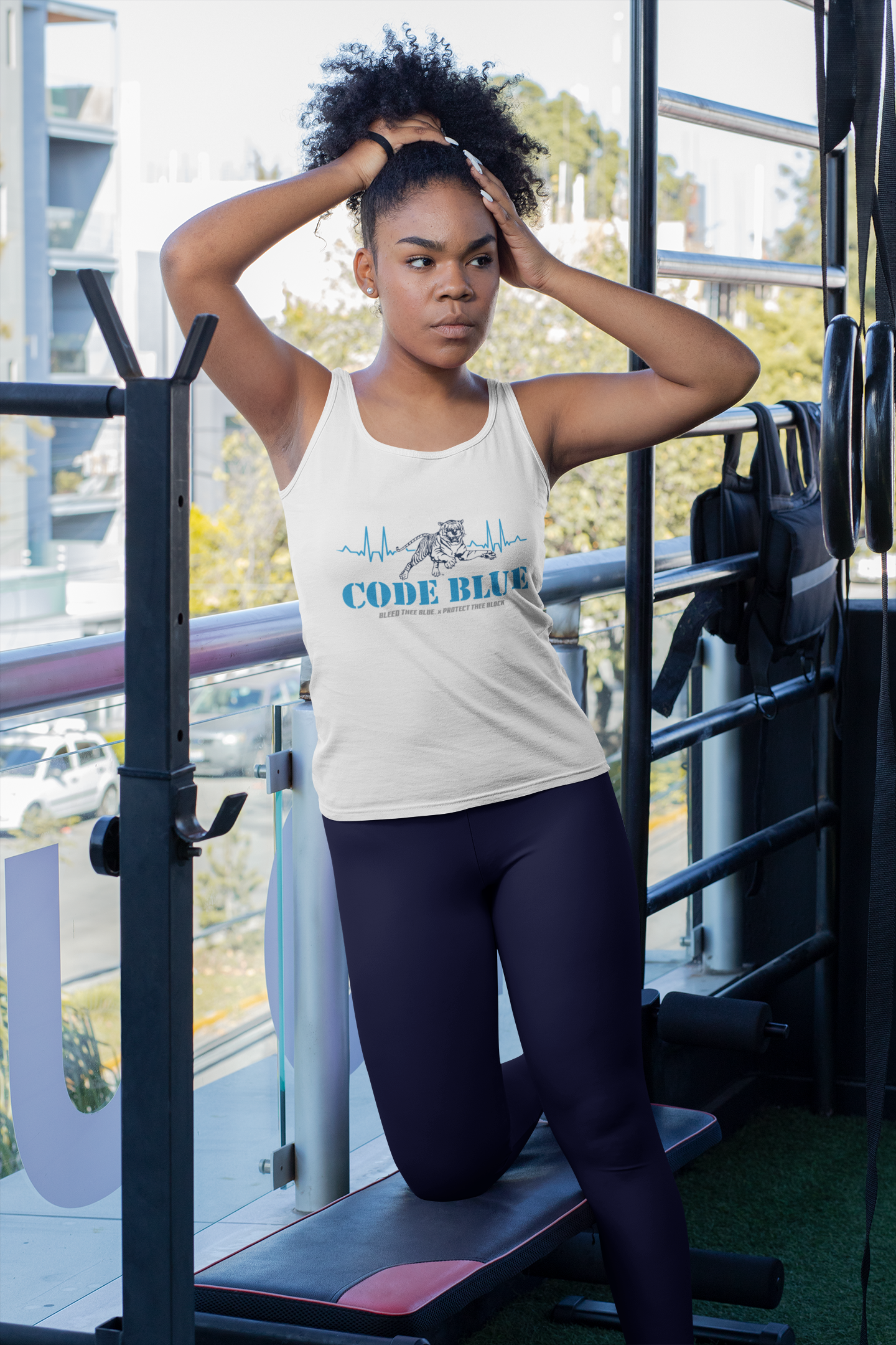 White unisex crewneck tank with Code Blue tiger and heartbeat graphic in center