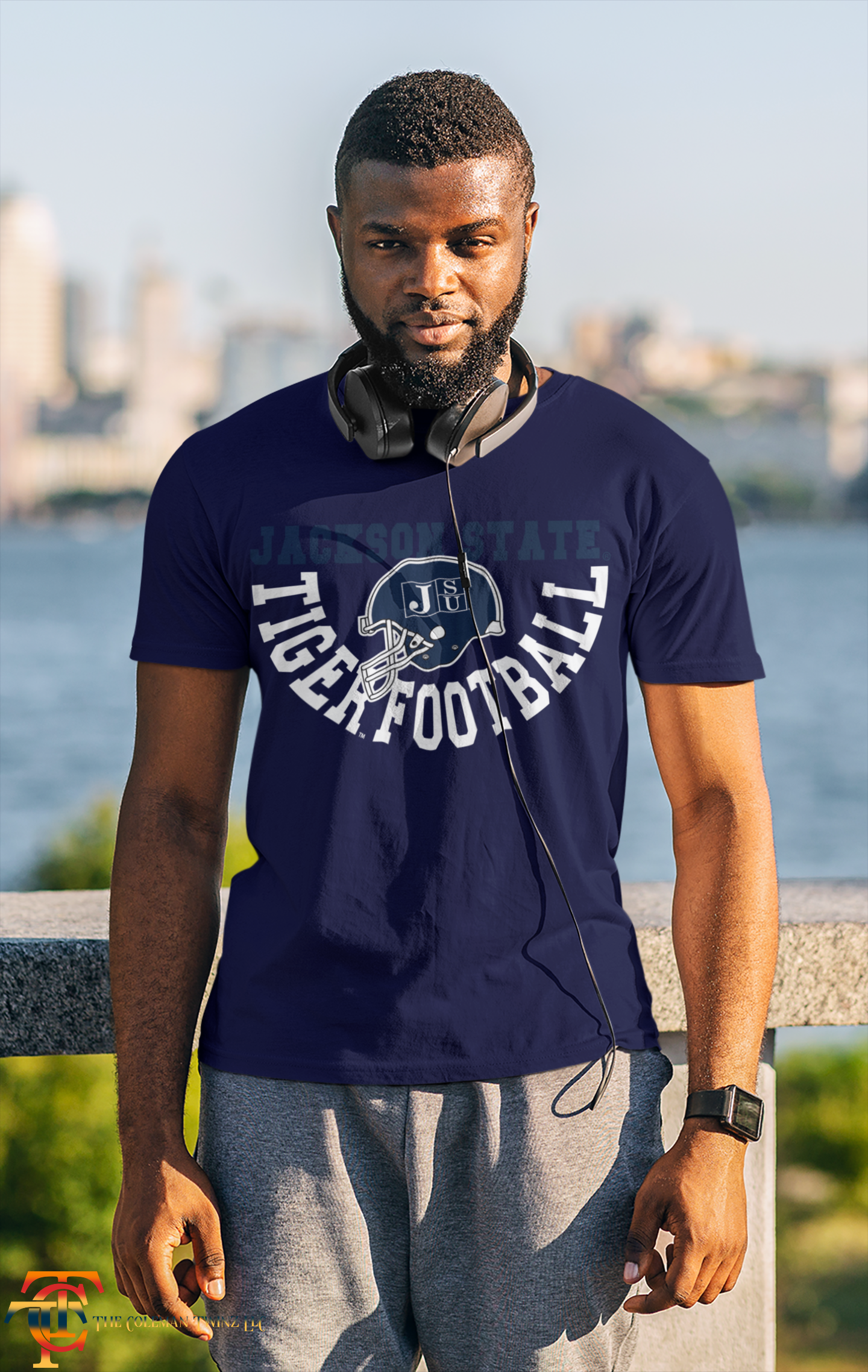 Unisex crew-neck short-sleeve T-shirt with front football logo graphic, blue