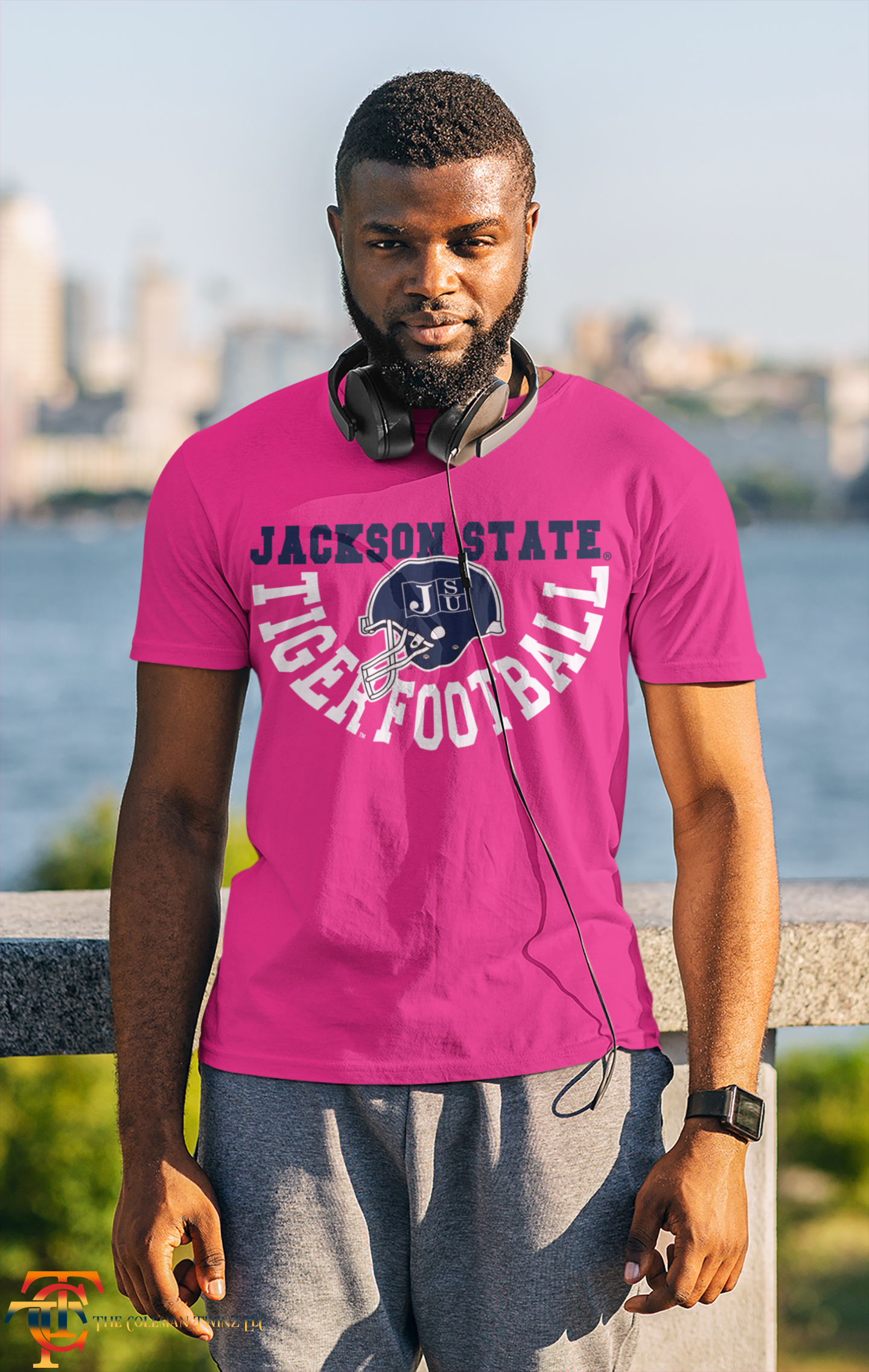 Unisex crew-neck short-sleeve T-shirt with front football logo graphic, pink