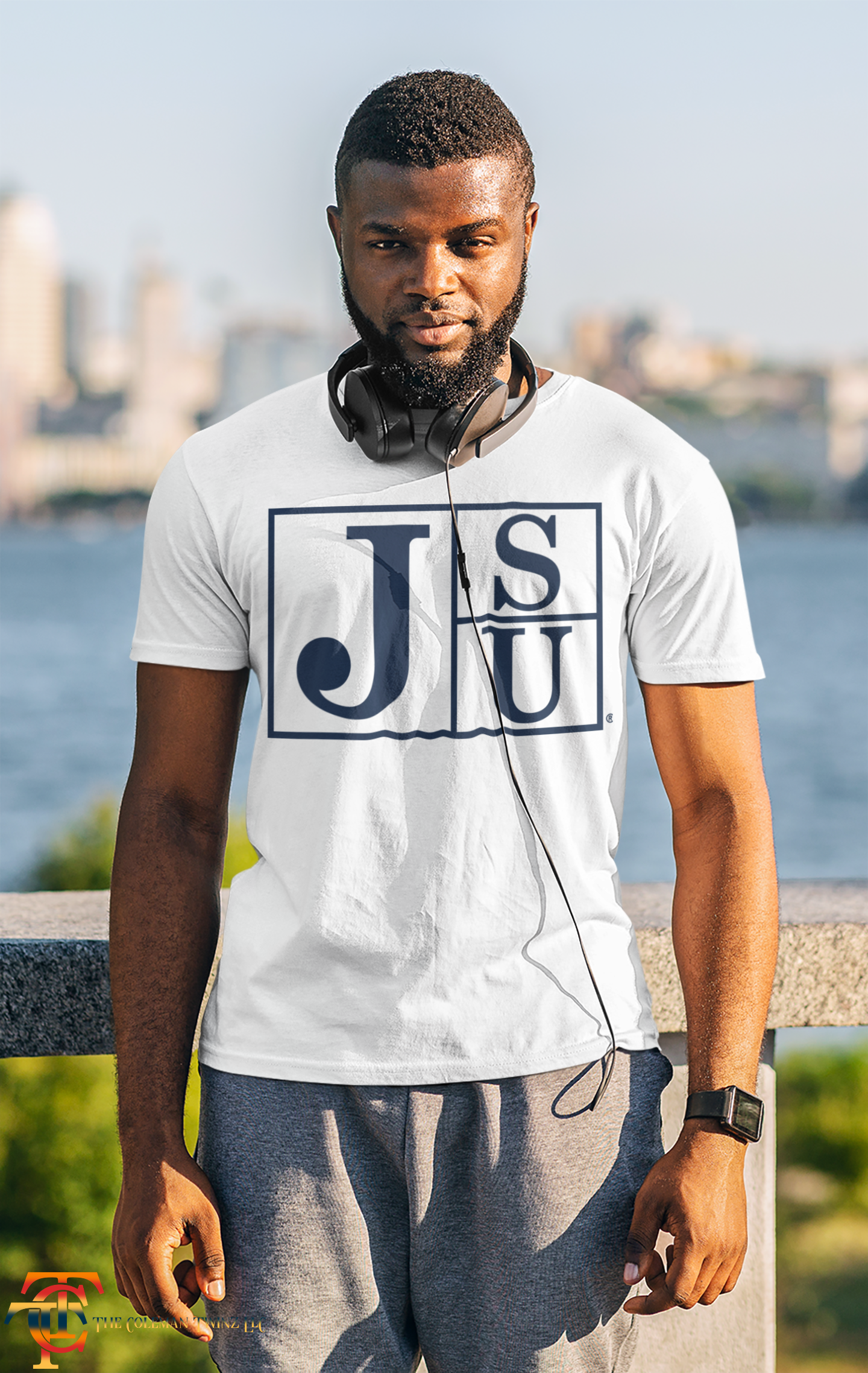 White crew-neck short-sleeve T-shirt with blue JSU block-letter logo on front