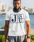 White crew-neck short-sleeve T-shirt with blue JSU block-letter logo on front