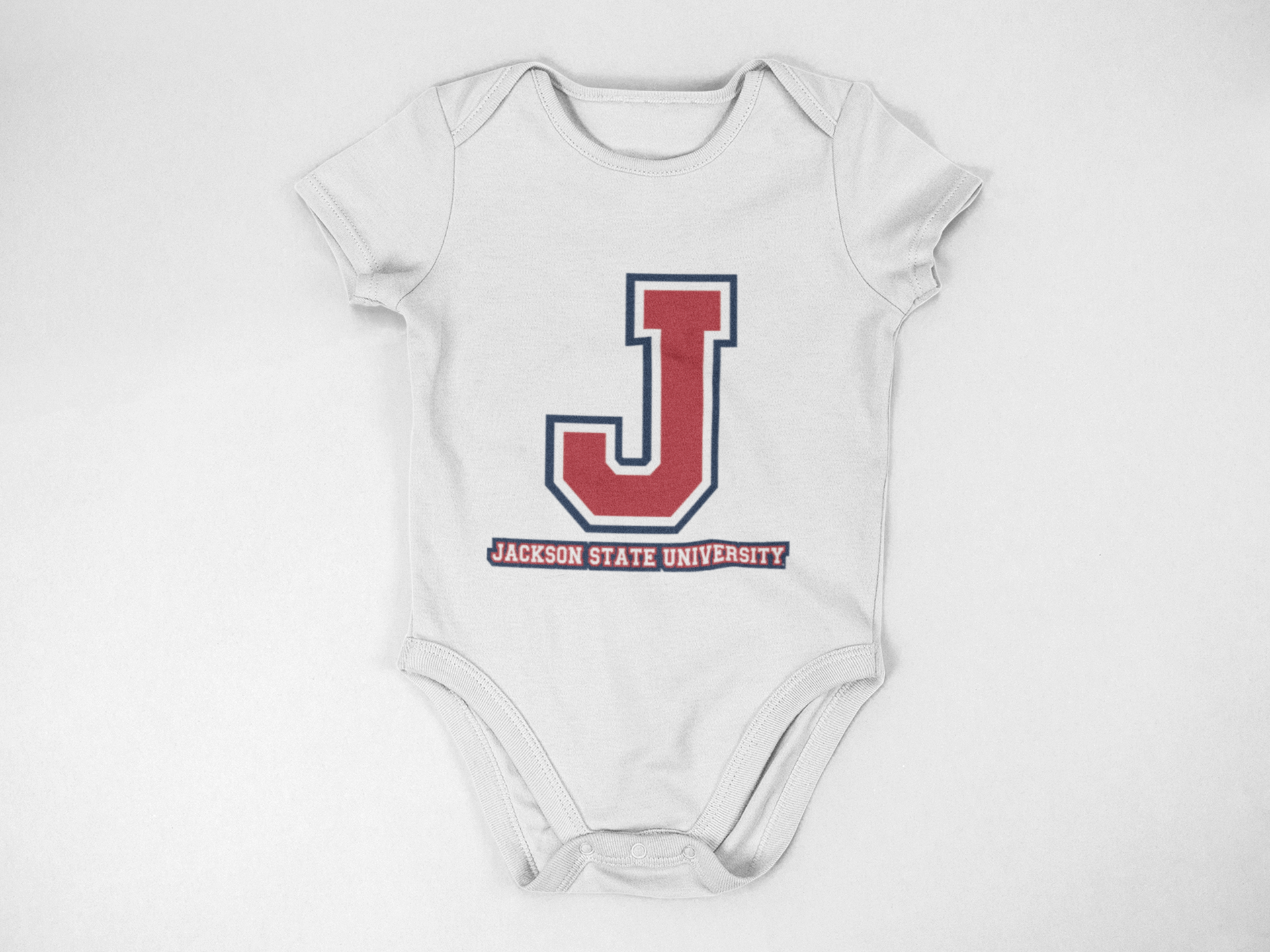 Infant short sleeve bodysuit in white with J logo and Jackson State University print