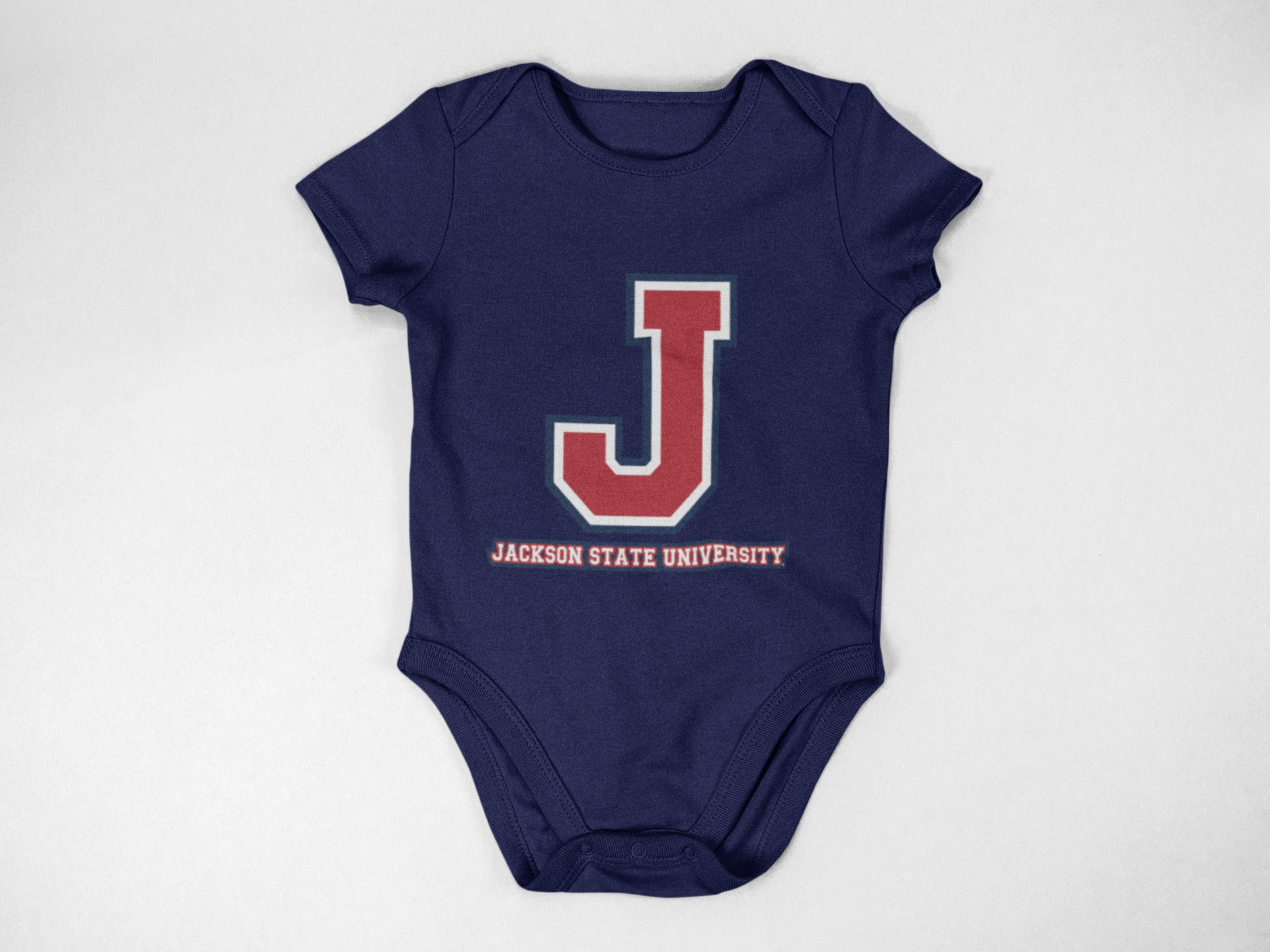 Infant short sleeve bodysuit in navy with J logo and Jackson State University print