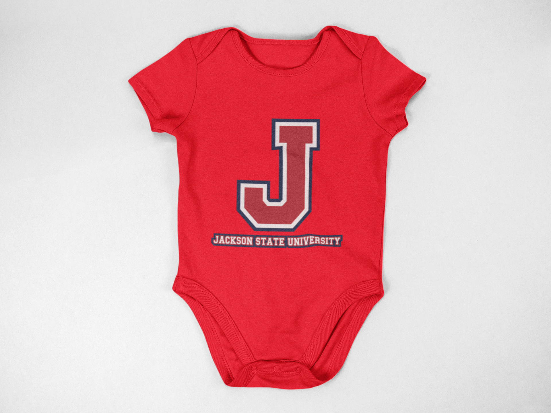 Infant short sleeve bodysuit in red with J logo and Jackson State University print