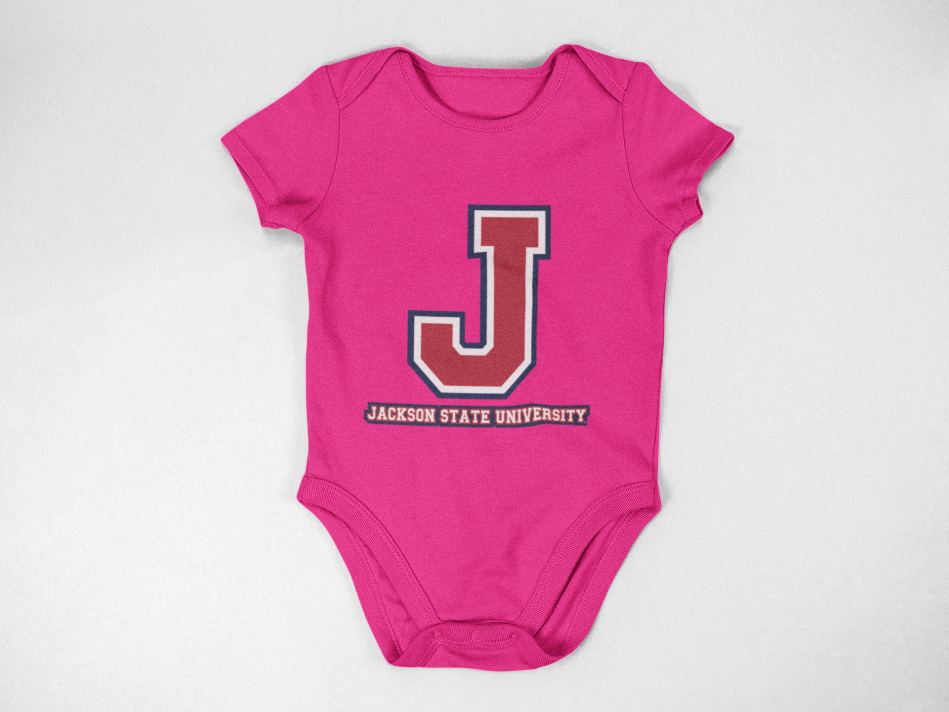 Infant short sleeve bodysuit in pink with J logo and Jackson State University print