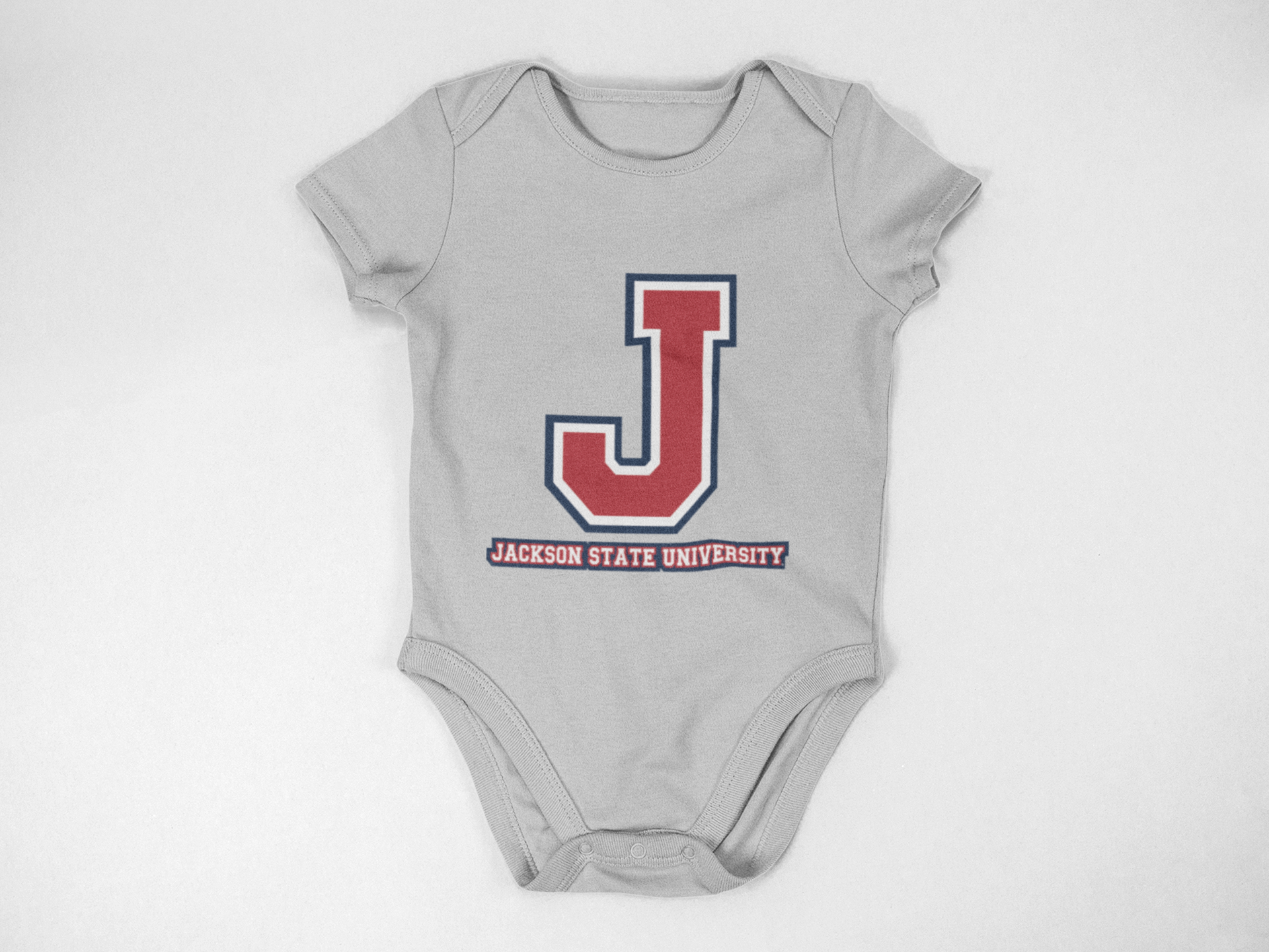 Infant short sleeve bodysuit in heather gray with J logo and Jackson State University print