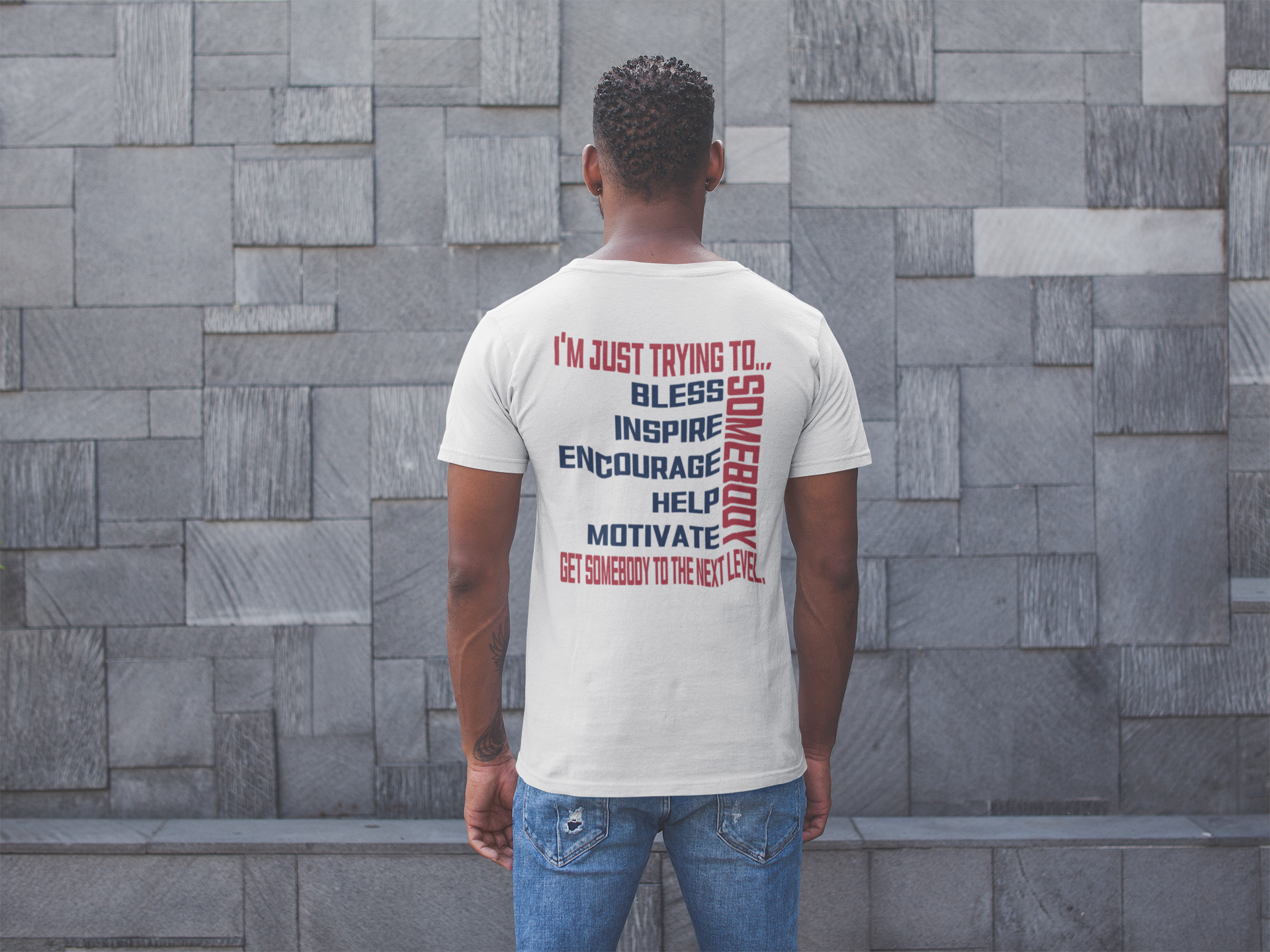 White unisex crew-neck T-shirt with large back motivational typography and red vertical text