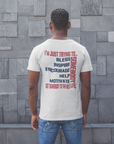 White unisex crew-neck T-shirt with large back motivational typography and red vertical text
