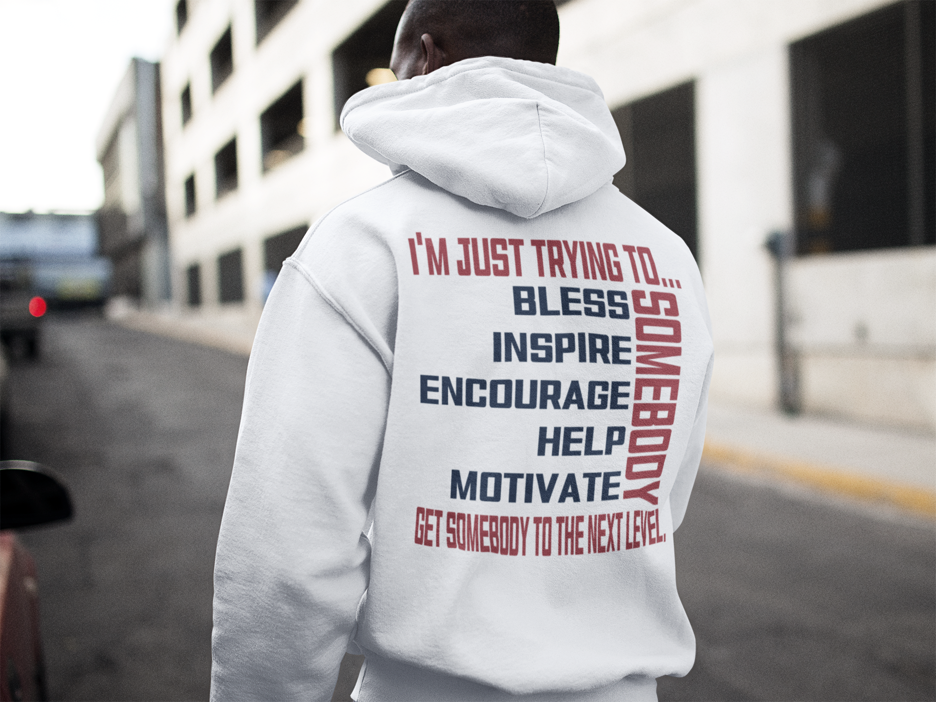 White unisex pullover hoodie, back graphic text print, split hem and kangaroo pocket
