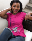 Unisex crewneck T-shirt in magenta with leaping tiger graphic and vertical lettering