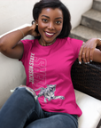 Unisex crewneck T-shirt in fuchsia pink with Jackson State tiger logo graphic