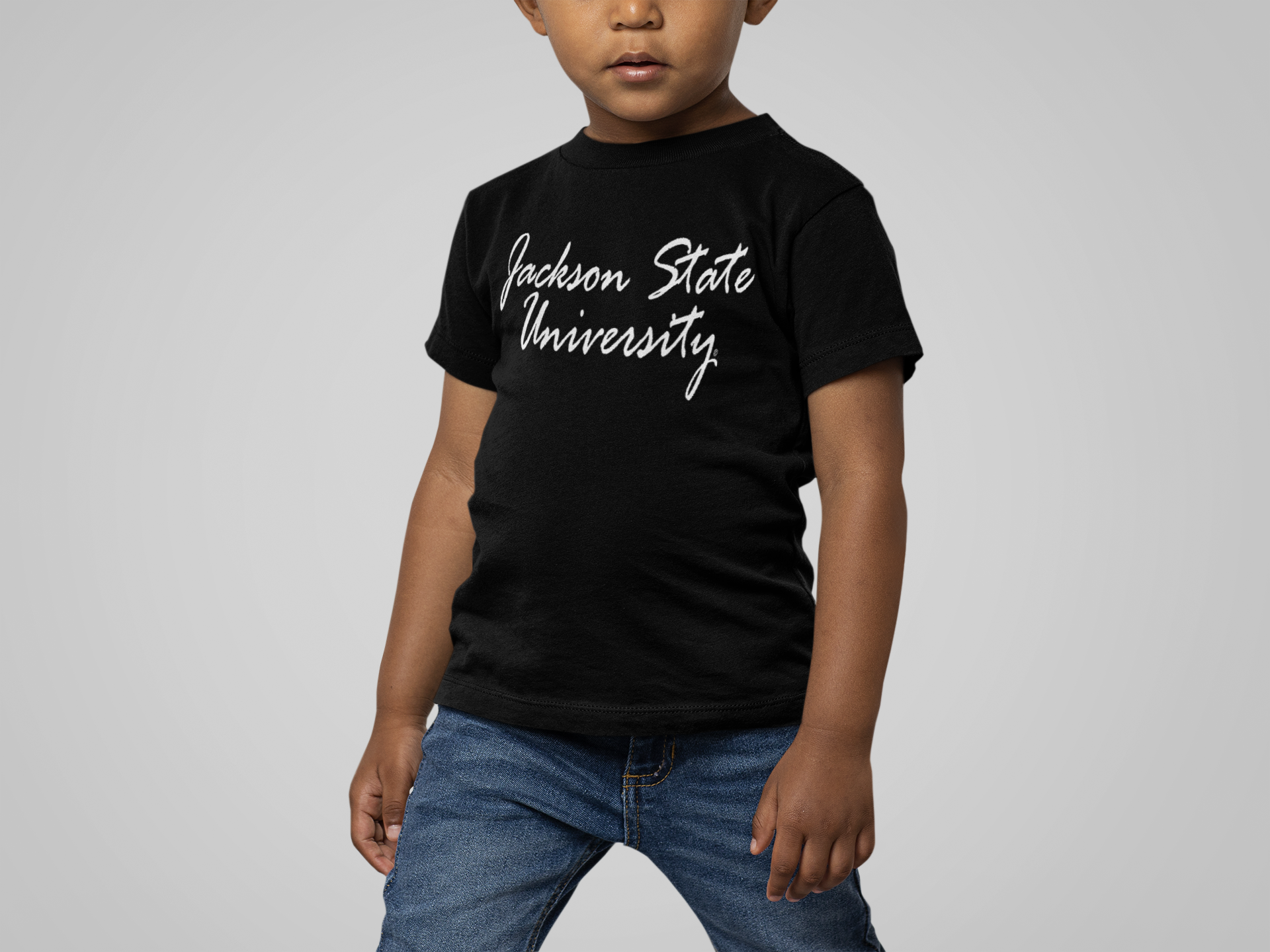 Black youth short-sleeve T-shirt with white script university logo, worn by child