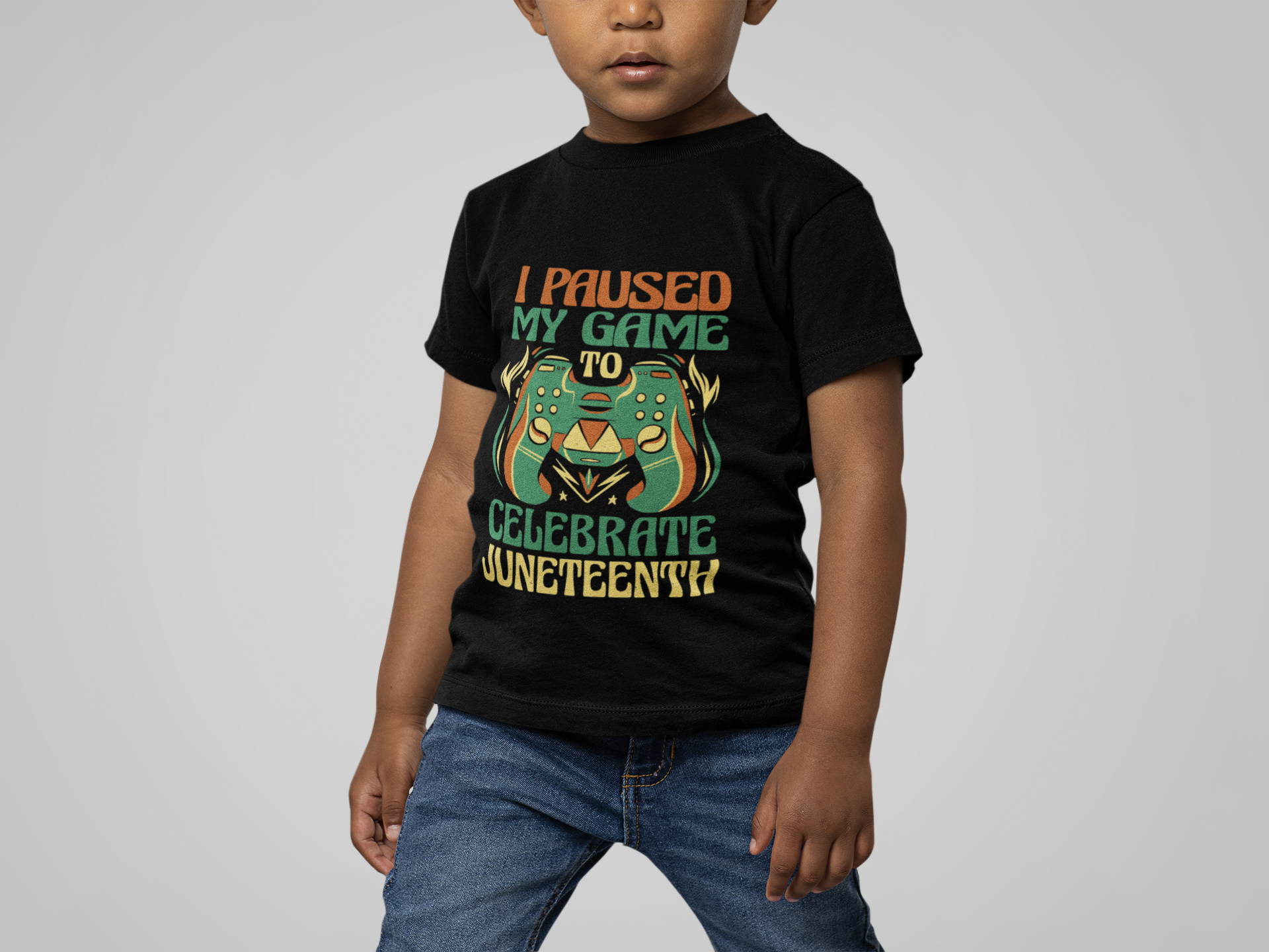 Black kids T-shirt with front graphic text “I Paused My Game To Celebrate Juneteenth”