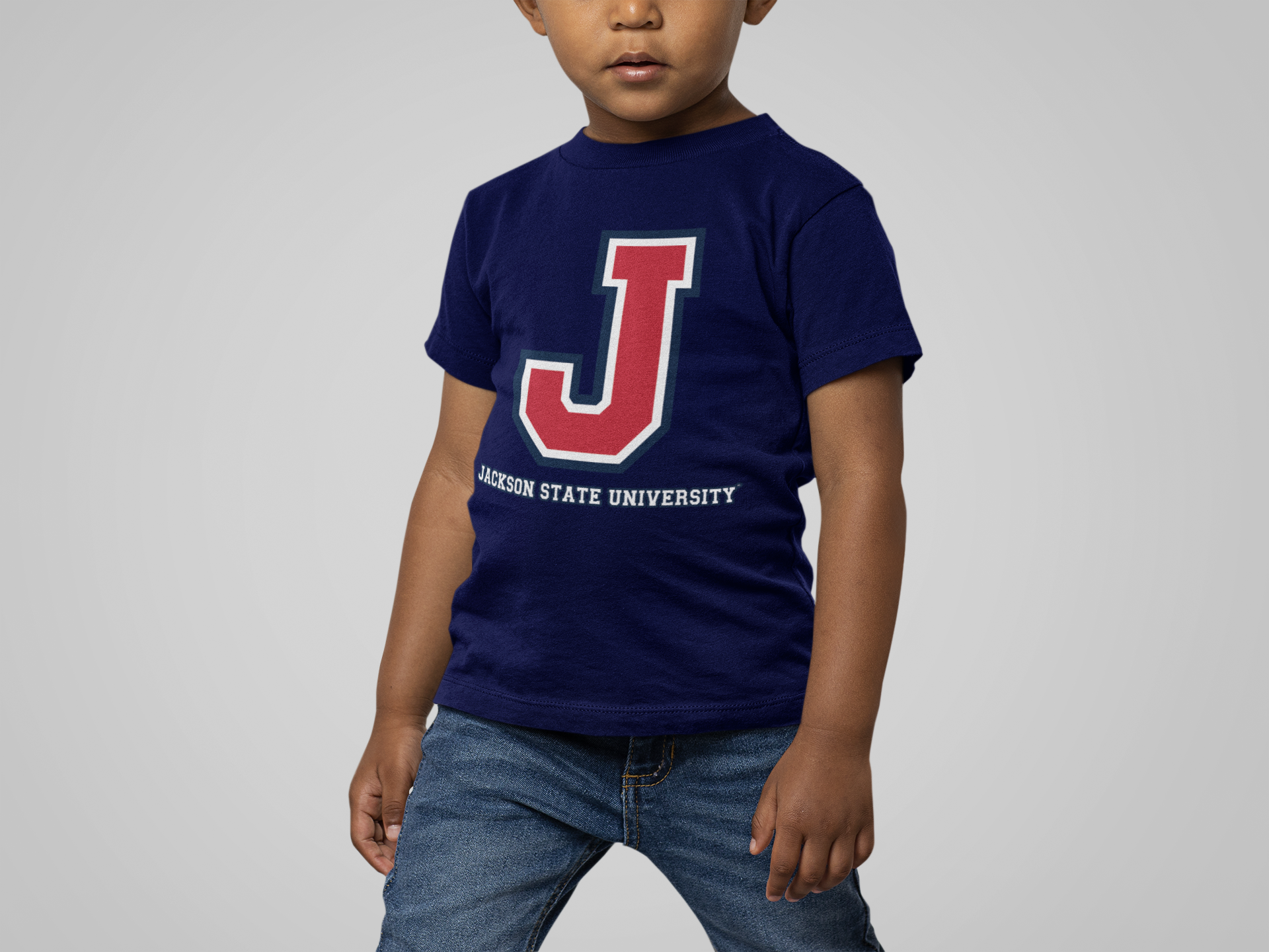 Kids' navy crew neck T-shirt with large J logo and Jackson State University label