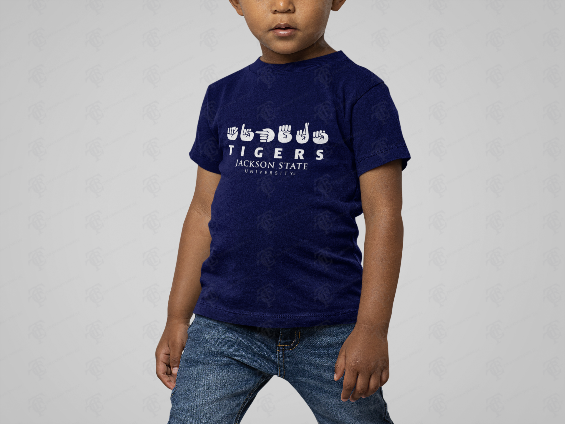 Toddler navy crew neck T-shirt, Tigers and Jackson State University graphic logo