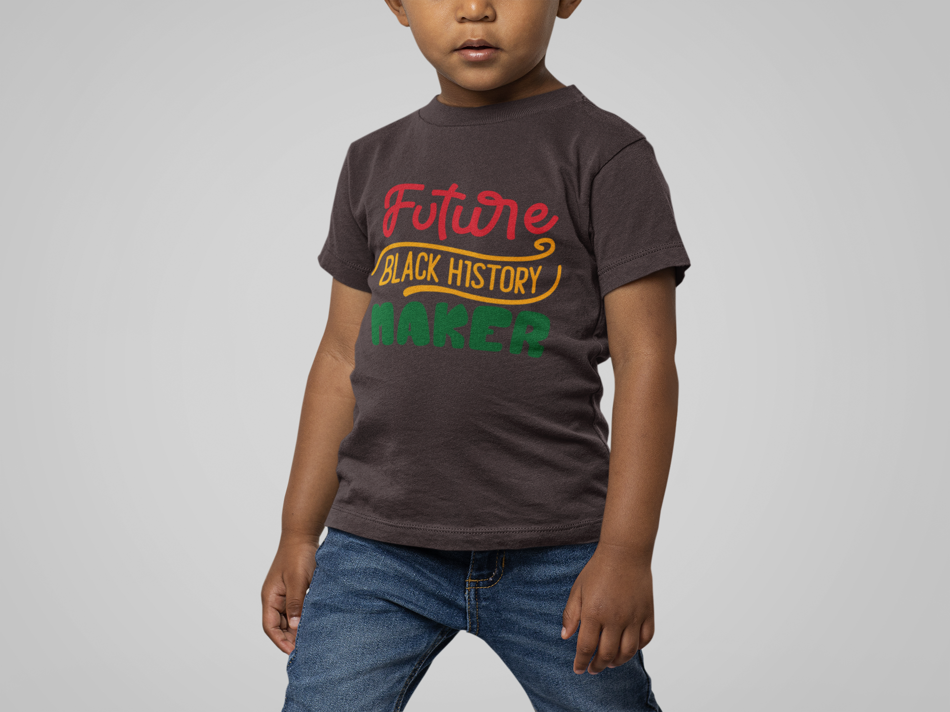 Kids short sleeve T-shirt in dark heather with 'Future Black History Maker' graphic