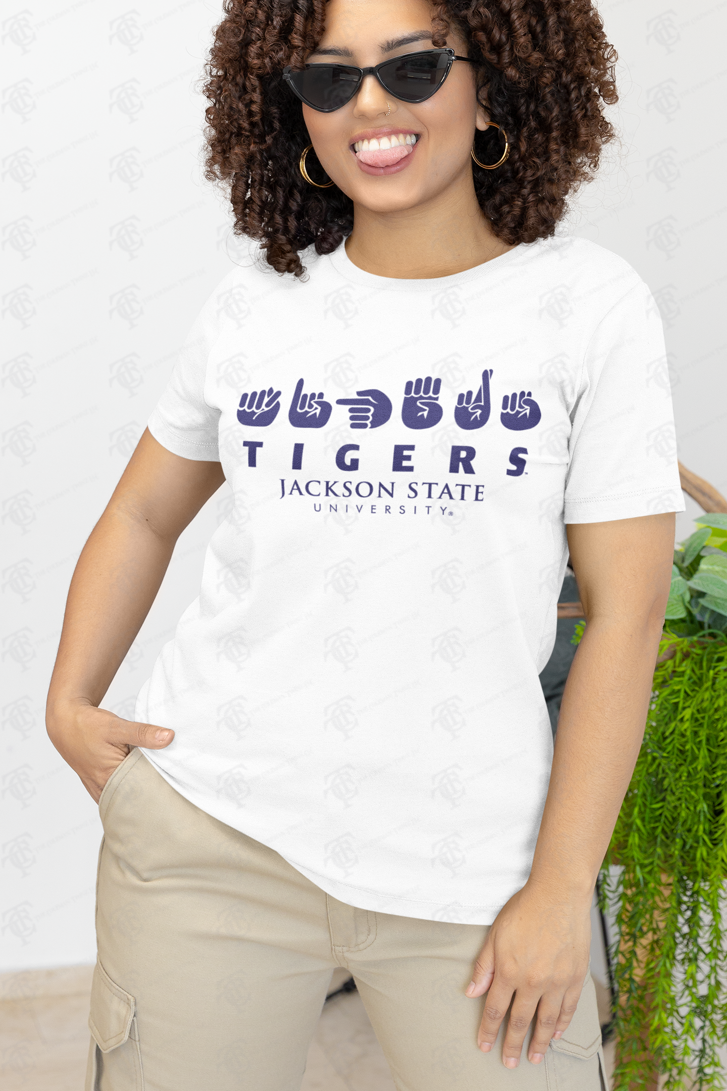 White unisex crew-neck T-shirt with blue “Tigers” and “Jackson State University” logo