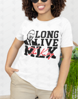 White crewneck T-shirt with "LONG LIVE The King" front graphic