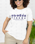 White unisex crew-neck T-shirt with blue “Tigers” and “Jackson State University” logo