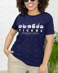 Unisex crew neck T-shirt in navy blue, worn by model, with Tigers and Jackson State logo