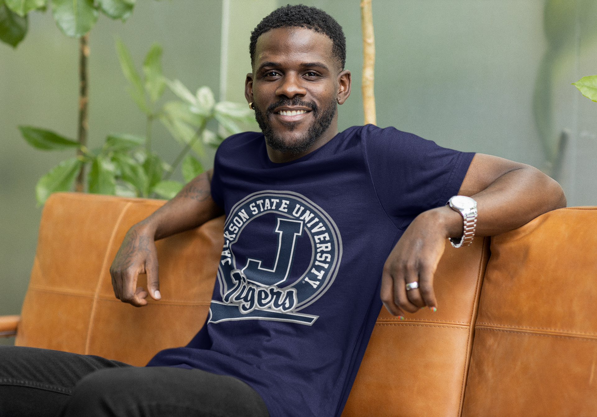 Navy short sleeve crew-neck T-shirt with Jackson State Tigers logo front