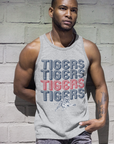 Heather grey graphic tank with multicolor TIGERS lettering and tiger mascot print, worn