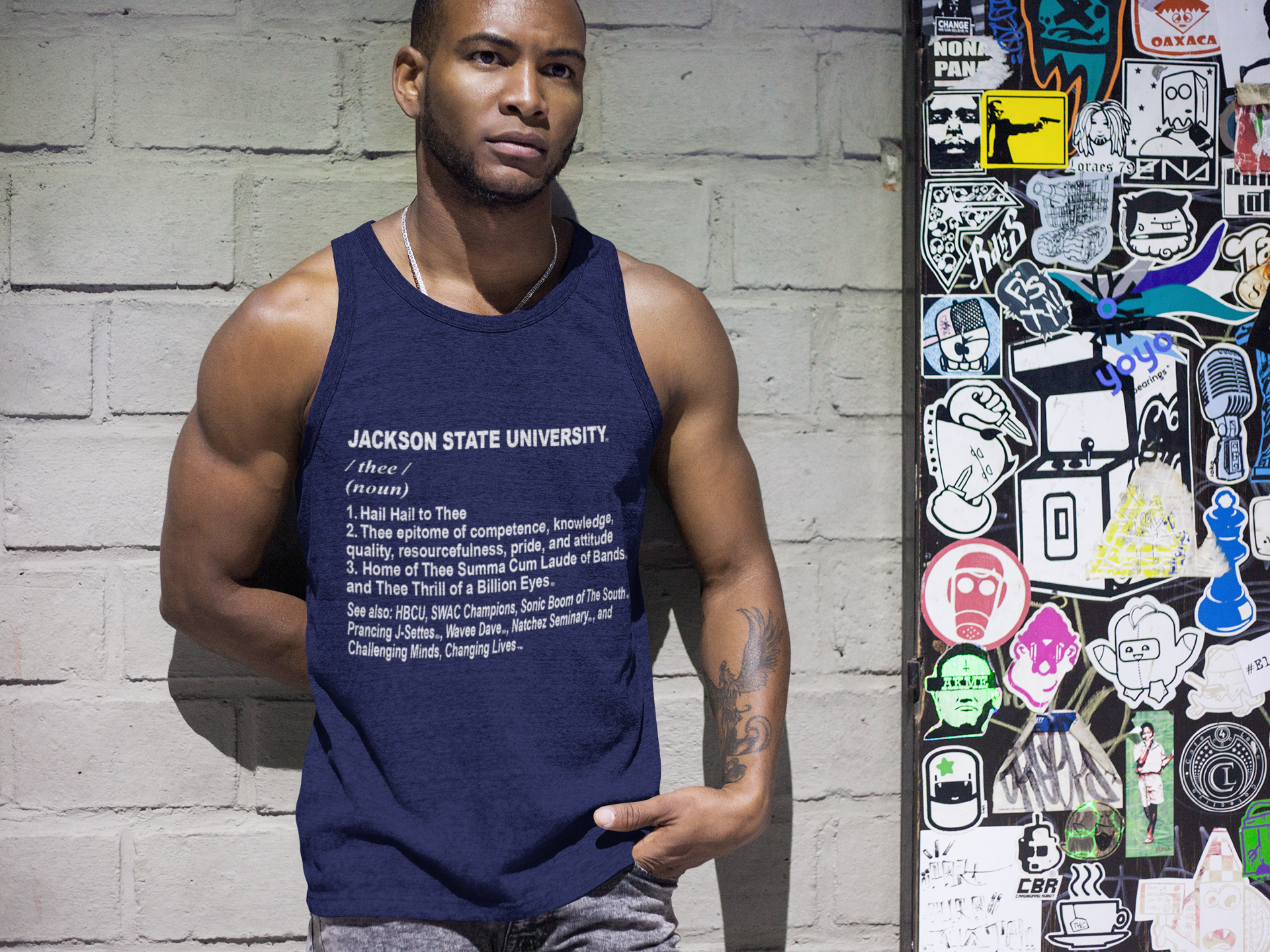 Unisex navy tank top with 'JACKSON STATE UNIVERSITY' printed definition text