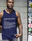 Unisex navy tank top with 'JACKSON STATE UNIVERSITY' printed definition text
