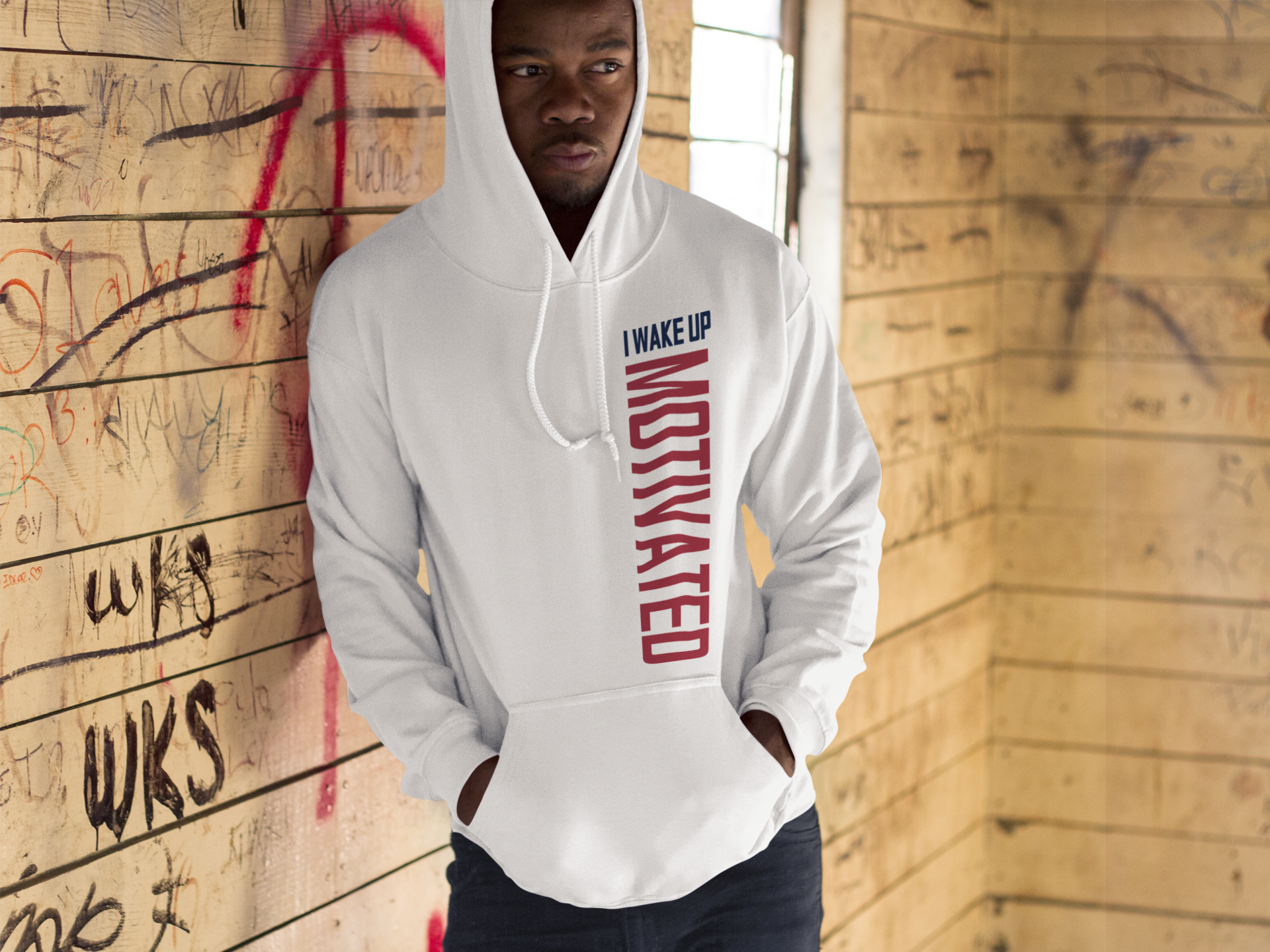 White unisex pullover hoodie with front pocket, hood, and vertical graphic sleeve print
