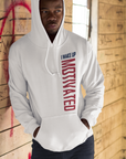 White unisex pullover hoodie with front pocket, hood, and vertical graphic sleeve print