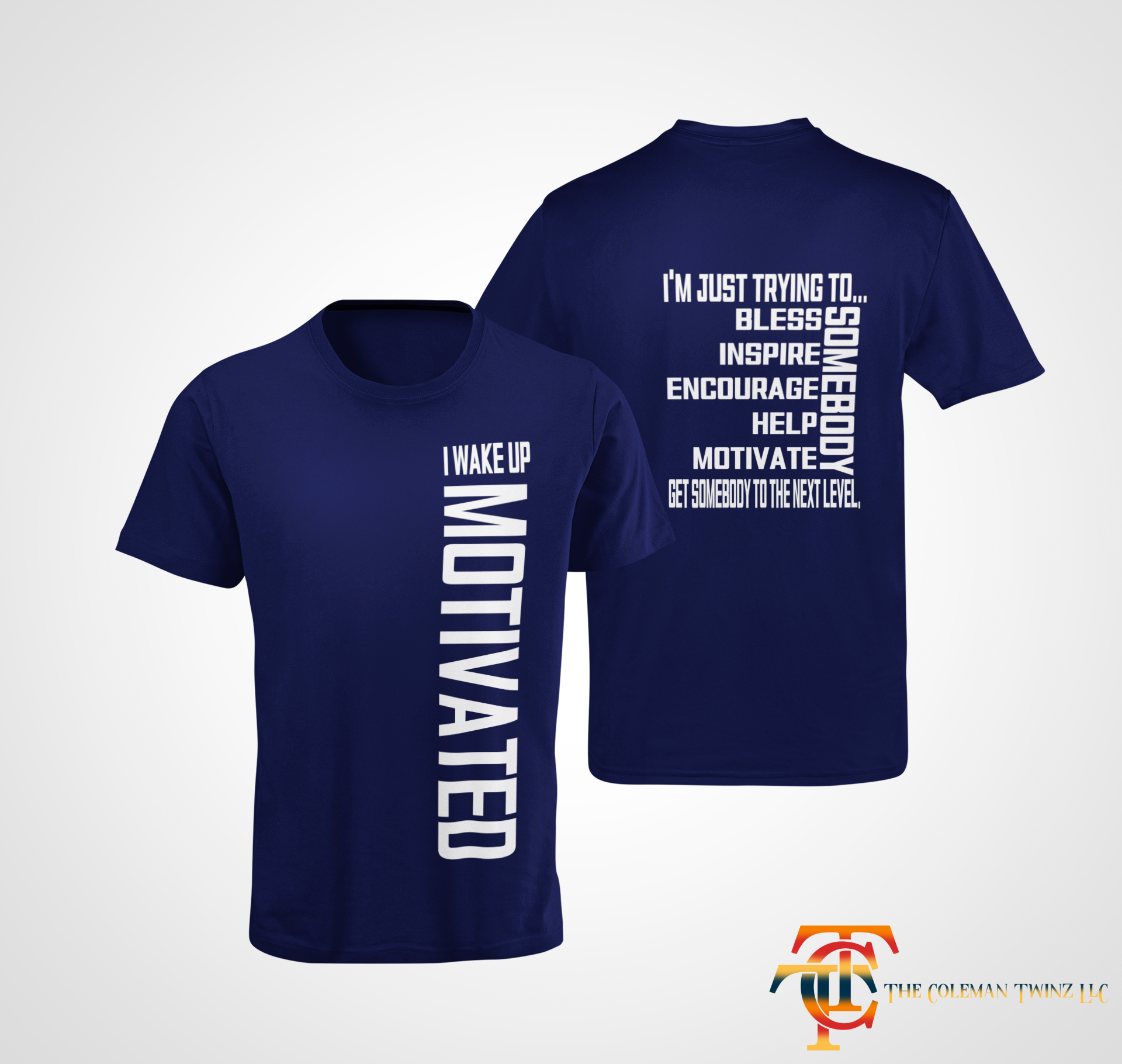Navy unisex short sleeve crew neck T-shirt shown front and back with white motivational text